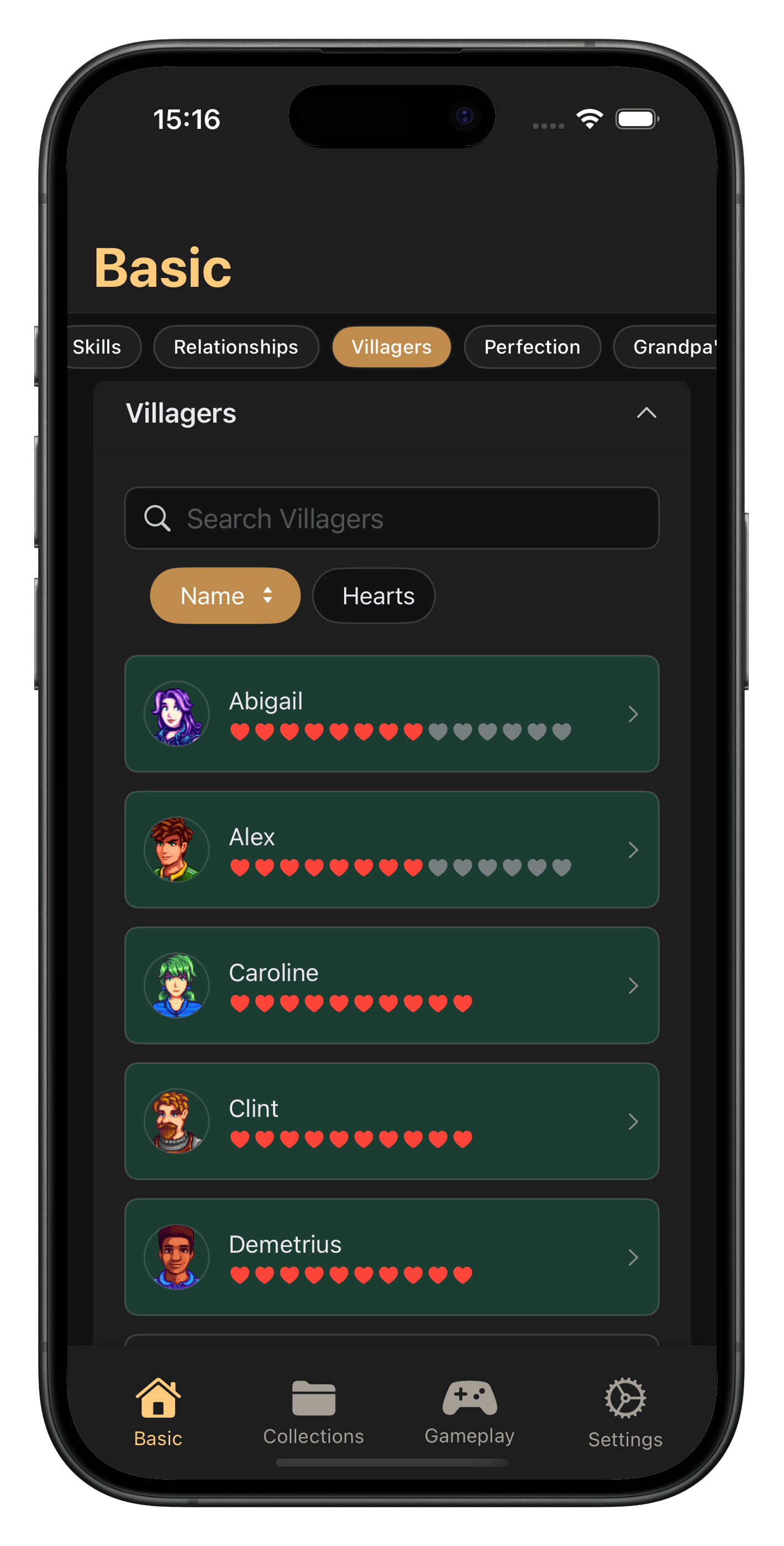 Stardew Valley Tracker dark mode interface